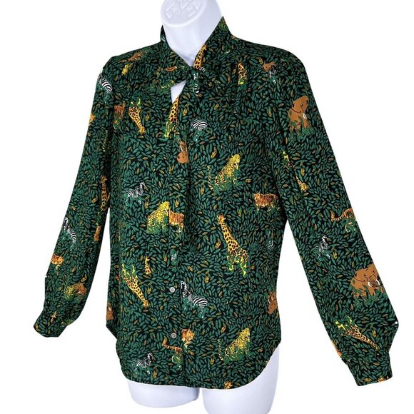 J.Crew Womens Green Jungle Print Long Sleeve Button Up Blouse Tie Neck XXS Artsy - Picture 2 of 15